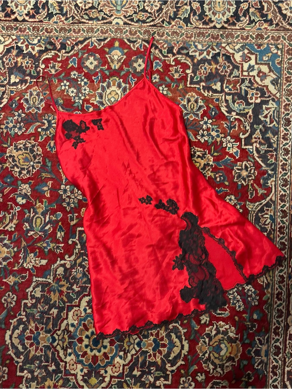 Victoria's Secret Red Satin Slip with Black Lace Accents